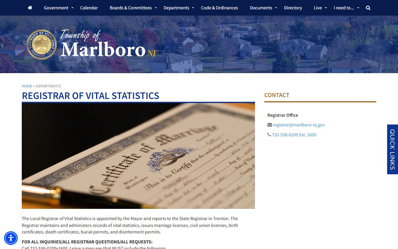 Monmouth County clerk and Freehold Borough registrar for death records